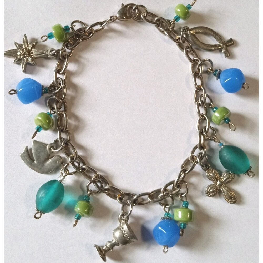 Vintage Art Glass Christian Symbols Charm Bracelet Silver Tone Chain Beads